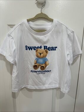Sweet Bear Graphic Tee - White with Blue Print